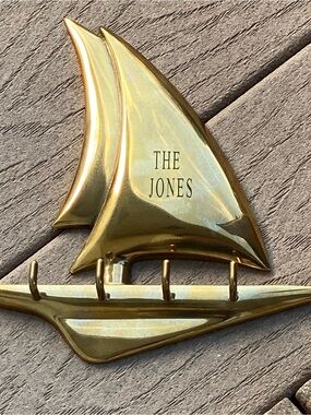 Vintage Polished Solid Brass Sailboat Key Hook Holder Engraved “The Jones”